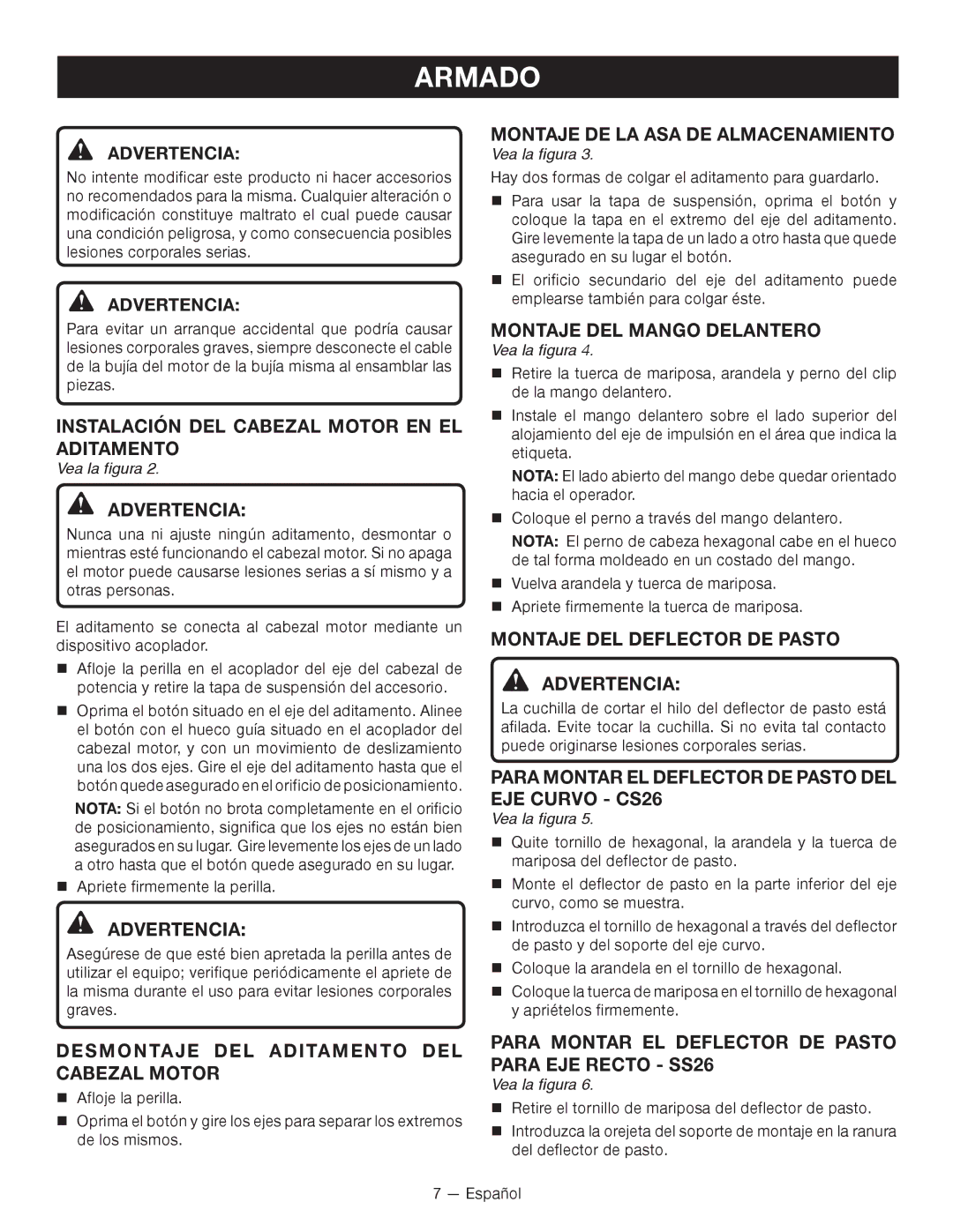 Ryobi RY28120, RY28140 Instalación DEL Cabezal Motor EN EL Aditamento, Montaje DE LA ASA DE ALMACENAMIENTO 